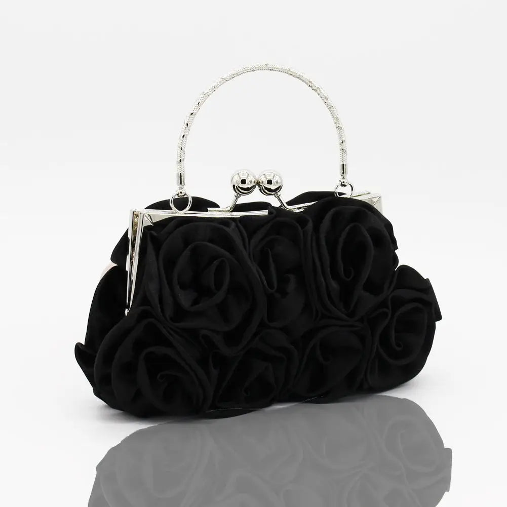 Satin Flower Clutch Bags For Women Banquet Party Evening Bags Metal Handbags Retro Blue Silver Black Chain Shoulder Bag female
