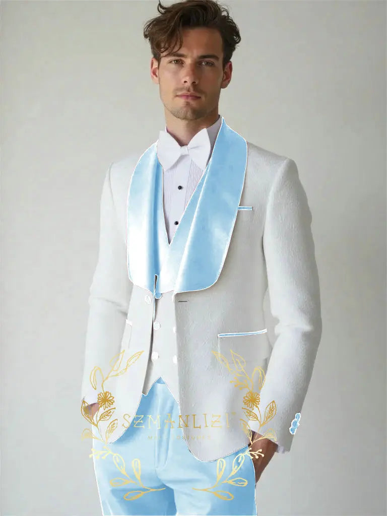 White Floral Wedding Men's 3-piece Suit Set (Jacket Pants Vest) Groom Tuxedo Formal Blazer Elegant Groomsmen Suit for Men