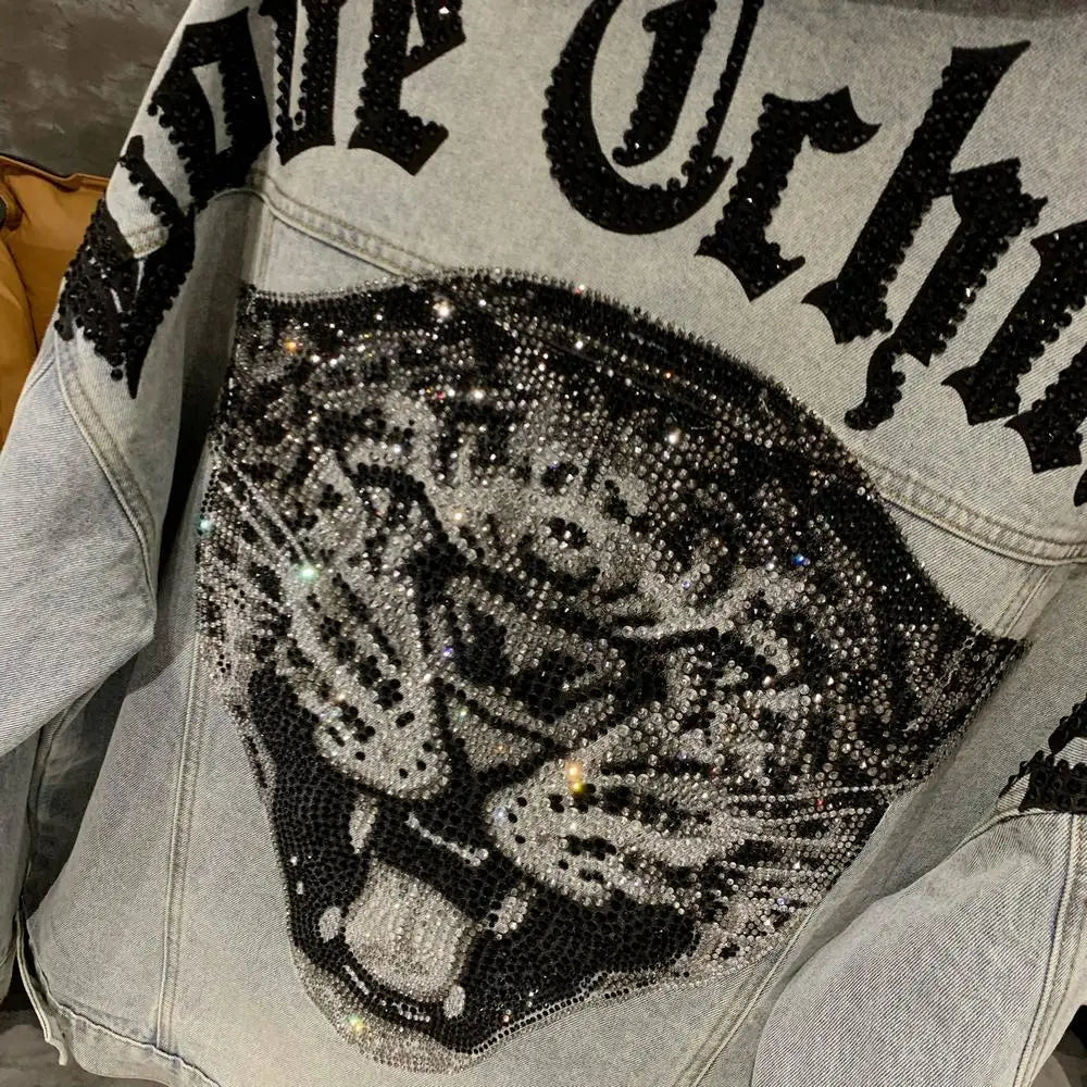 Tiger head denim jacket leopard handsome heavy industry hot diamond men's and women's jacket spring and autumn tops distressed