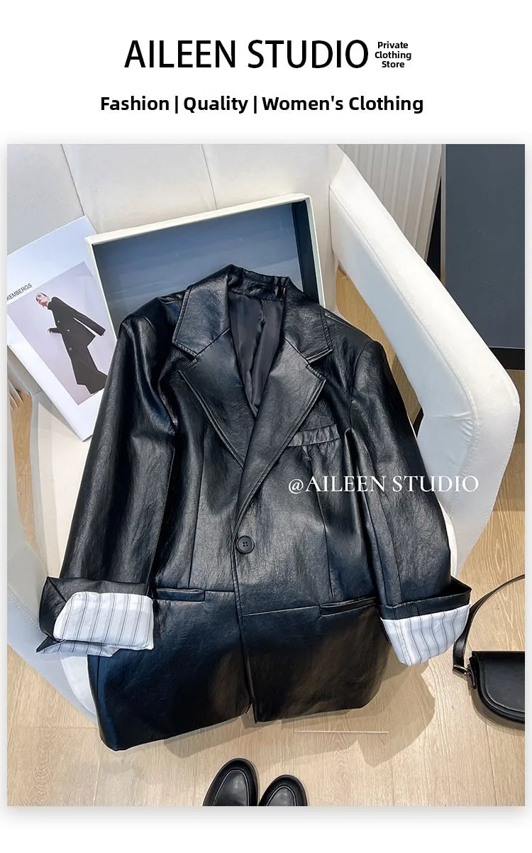 Black Leather Jacket Women's Autumn 2026 New Korean Loose High-End Feeling Personality Suiting PU Material Top Trendy