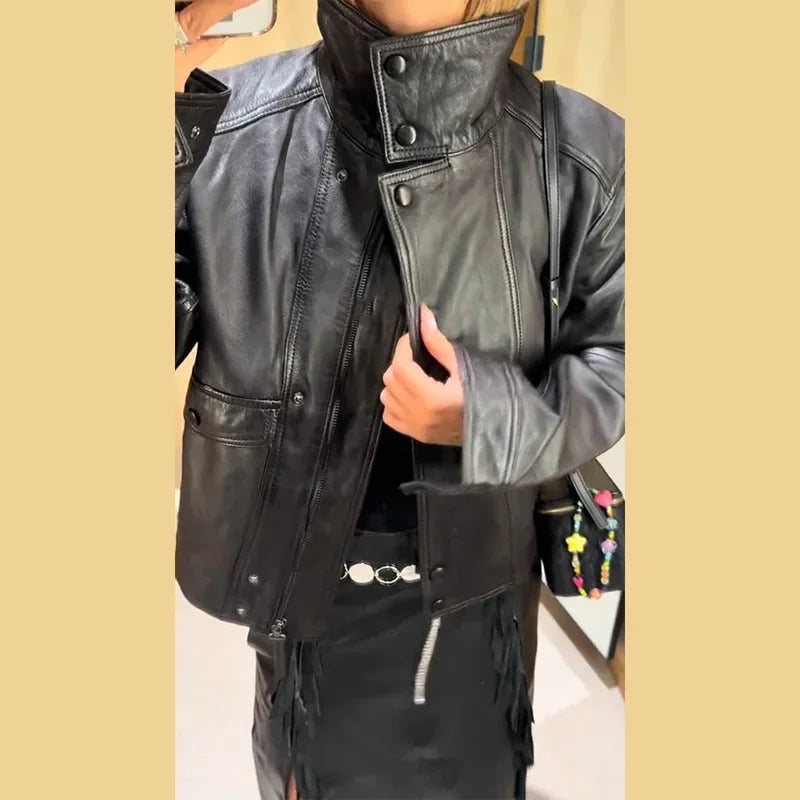 Fashion Leather Women's Jacket Y2k Street Single-breasted High Neck Female Coats 2026 Autumn Black Pu Long Sleeve Lady Jackets