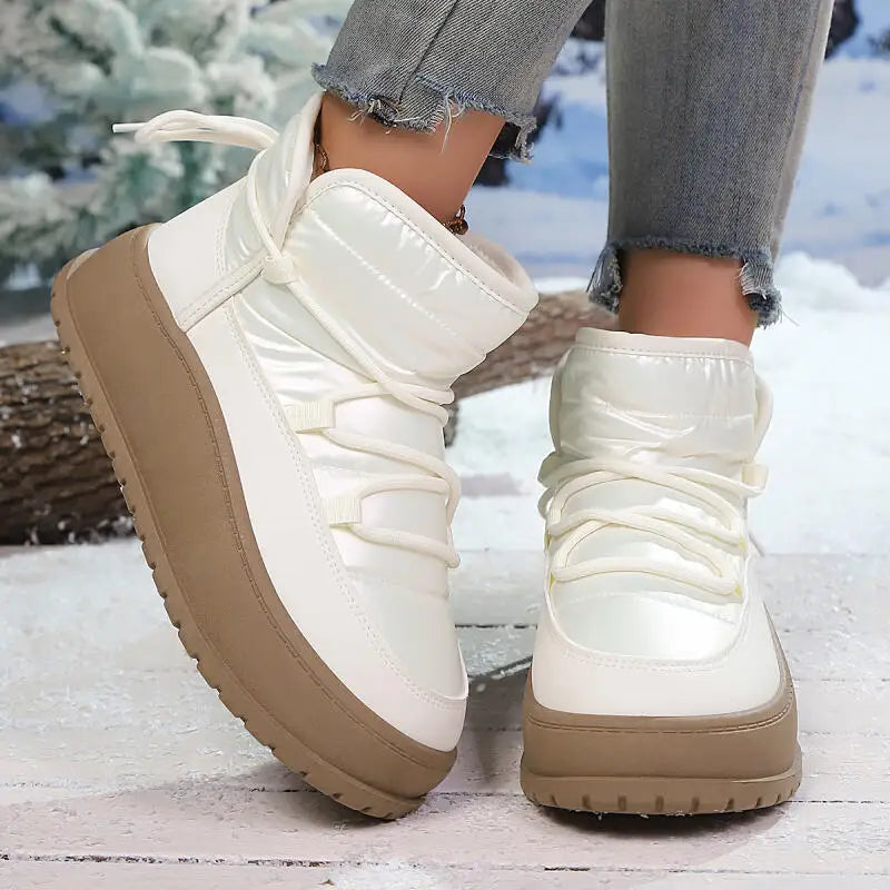 Comfort Platform Waterproof Snow Boots Women 2026 Winter Lace Up Decoration Thick Bottom Moon Boots Women Plush Short Booties