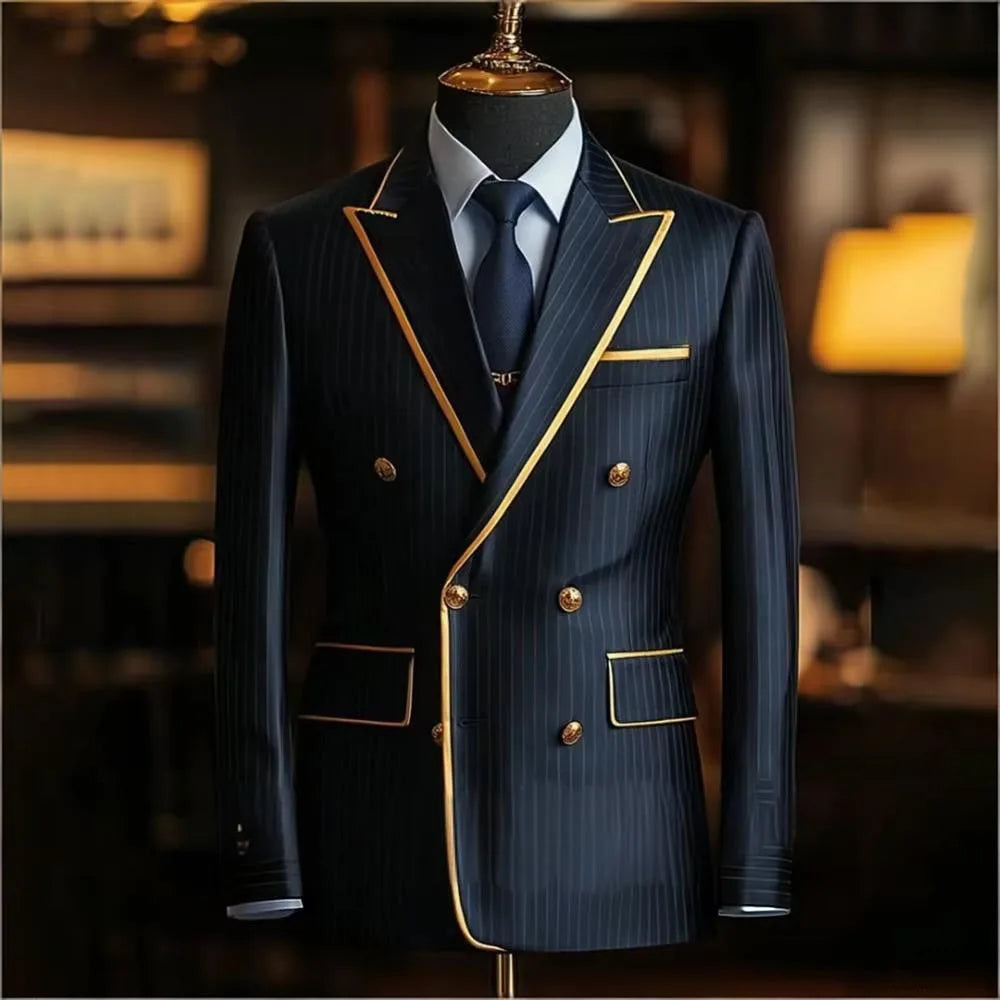 Men's Pinstripe Blazer Double Breasted Slim Fit Peaked Lapel With Gold Trim Formal Suit Jacket  For Groomsman Wedding Prom Hot
