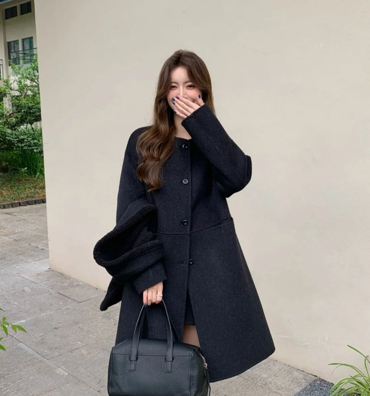 Autumn and winter hot fashion round neck scarves, medium to long styles, small women's double-sided wool coats with temperament,