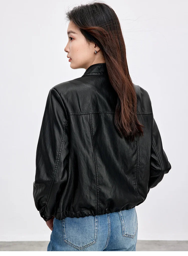 SENTUBILA Women Stand Collar Short PU Leather Jacket 2026 Autumn Winter Ladies Zipper Windproof Cropped Pu Jacket  W51G80160