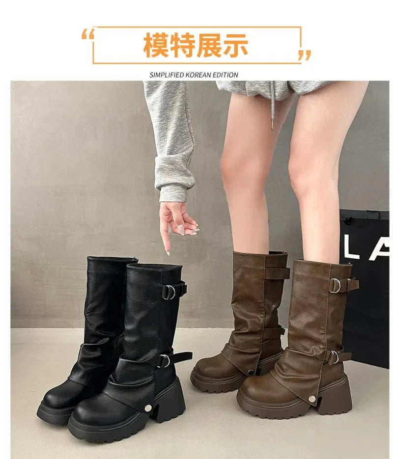 Shang Shi Black Thick High-heeled Thick Soled Boots for Women, 2026 New Winter Versatile Women's Zipper Slimming Pants Leg Boots