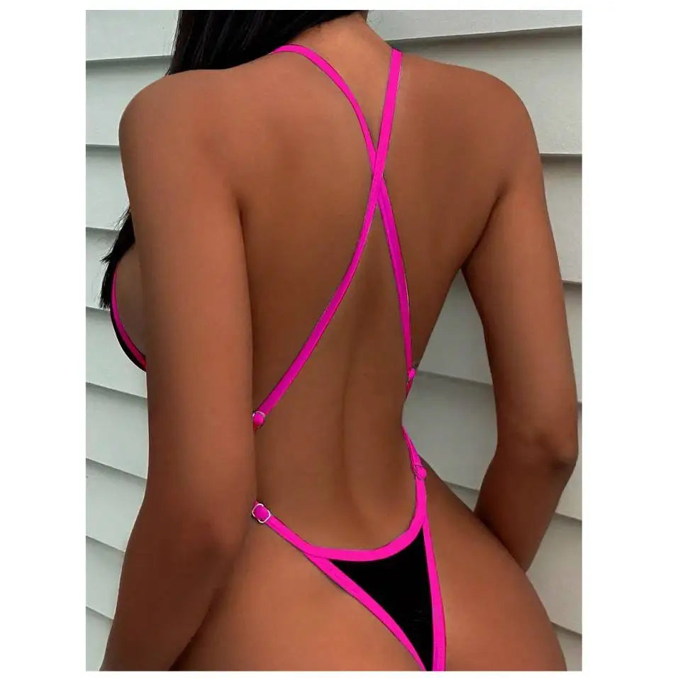 Cikini Summer Beach Women's Contrast Trim Halterneck One-Piece Swimsuit Sexy Swimwear Bathing Suit