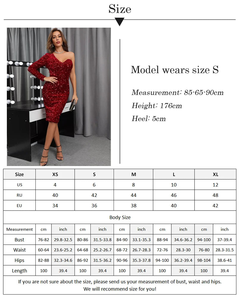 Black Stretch Sparkles Sequined One Sleeve Bodycon Party Dress Padded Knee Length Sexy Night Club Midi Dress Burgundy