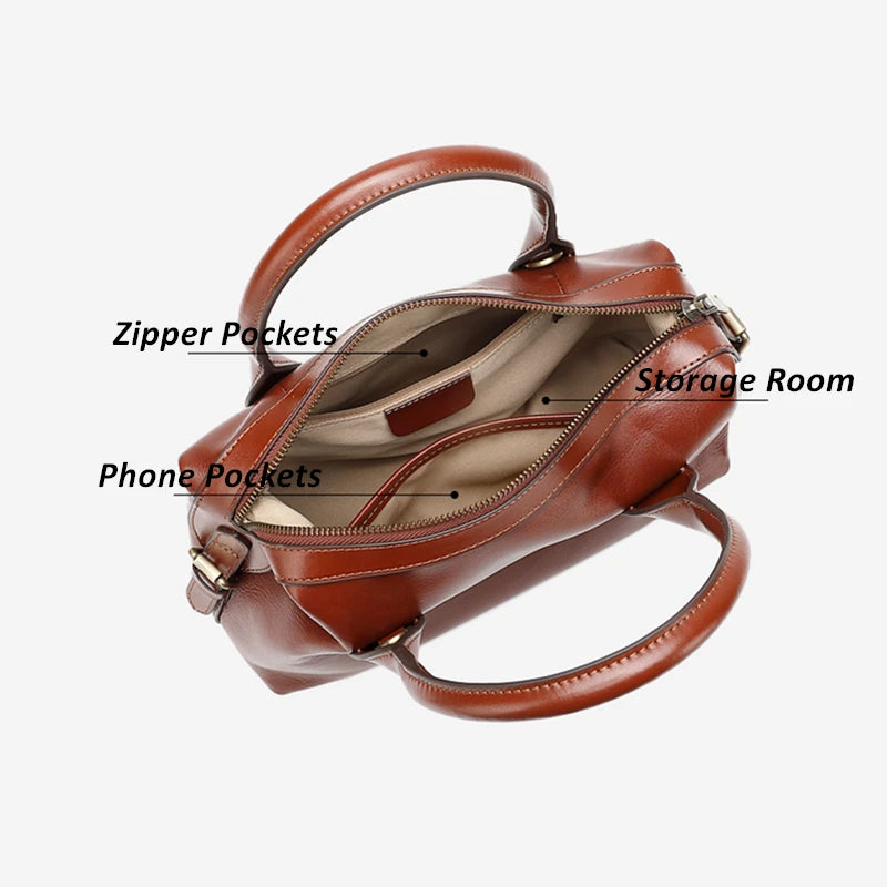 BURMINSA Genuine Cowhide Leather Handbags For Women Retro Pillow Top Handle Bags Bowling Daily Work Crossbody Shoulder Purses