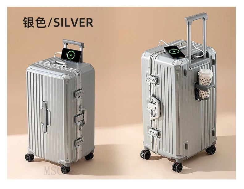 Five-wheeled Luggage 34 inch Thicken Aluminum Frame Suitcase USB Cup Holder Large Capacity TSA Lock Trolley Case Brake Wheel 24"
