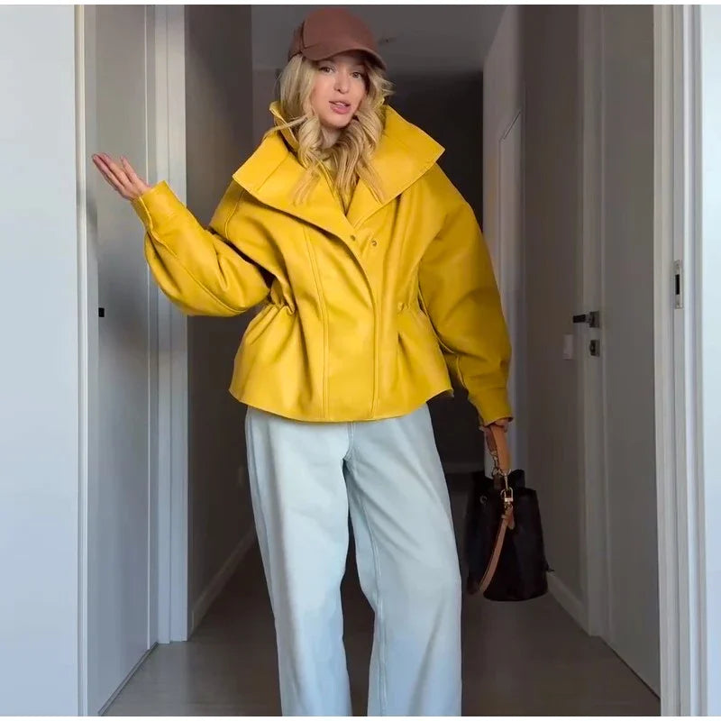 Fashion Solid Faux Leather Women's Jacket  Lapel Waist Cinching Loose Long Sleeves Coat Chic 2026 Spring Autumn New Street Wear