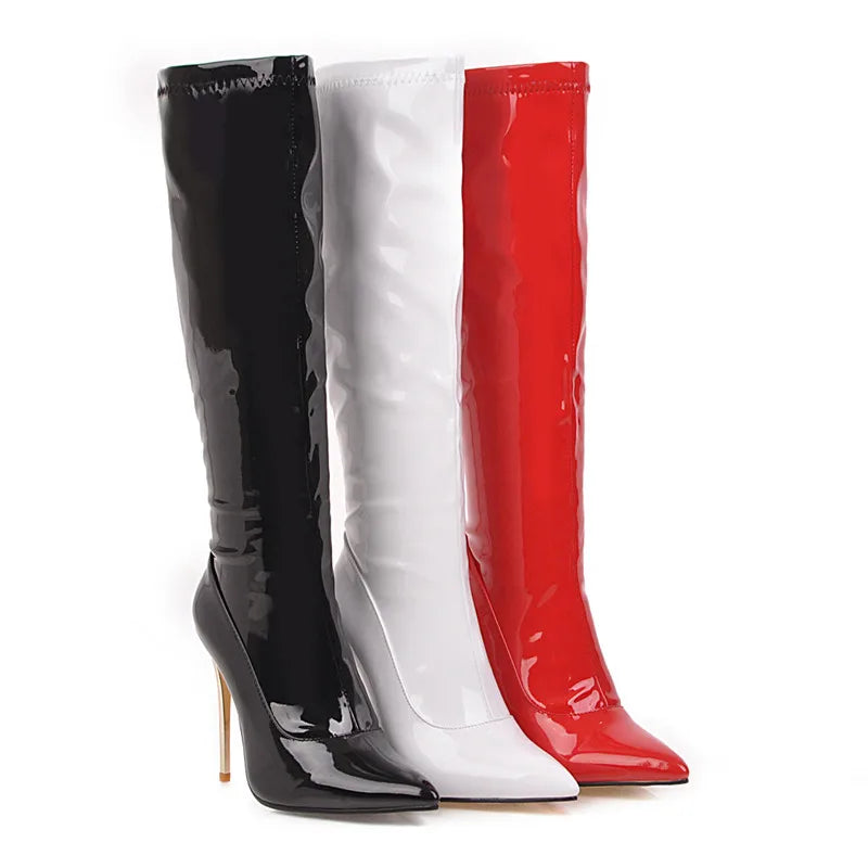Women High Boots Sexy Zipper Black Red White Knee High Boot Thin Heels Patent Women's Autumn Winter Dance Shoes Large Size 45 48