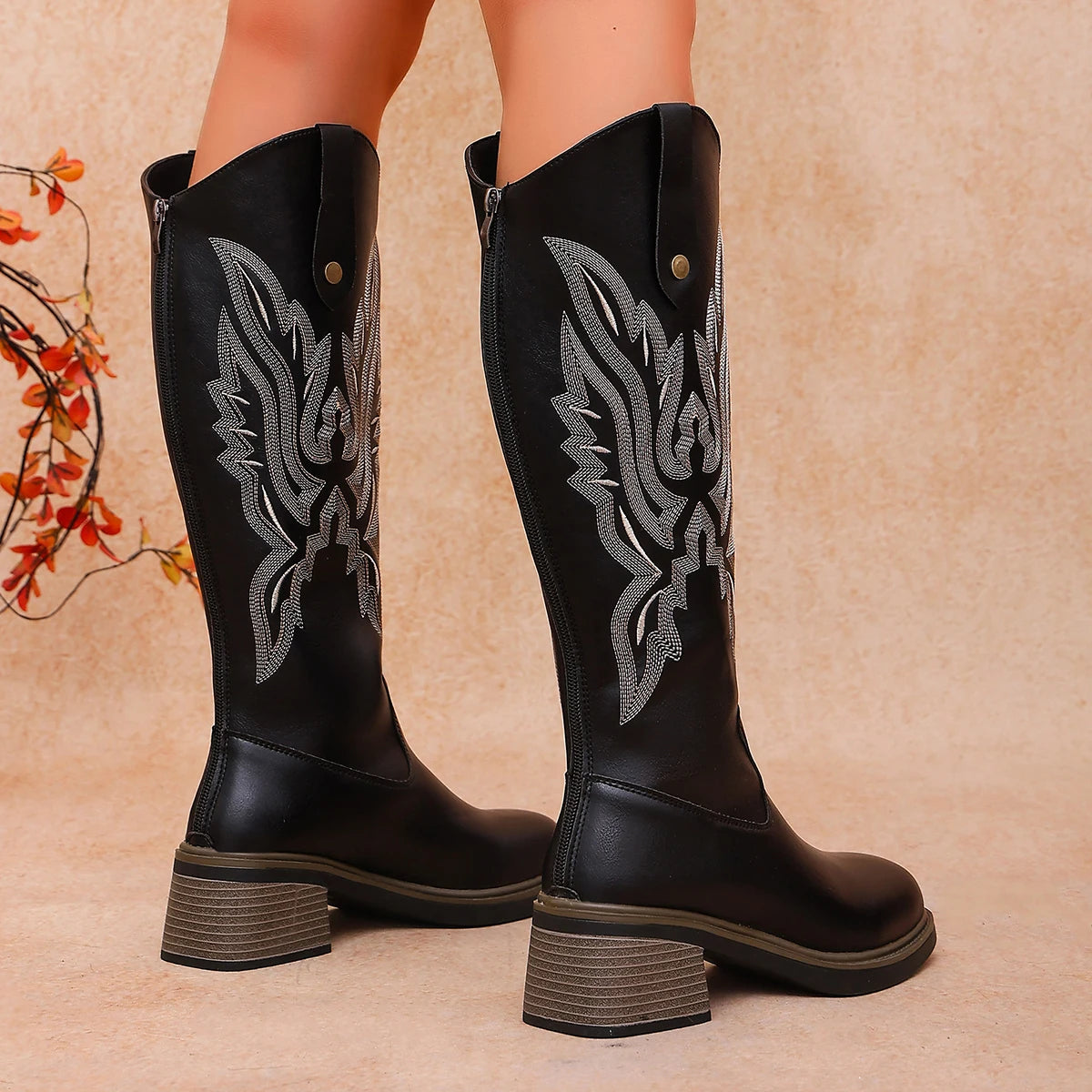 Retro Embroidery Knee‑high Western Cowboy Style Boots Women Chunky Heel Comfortable Spring Autumn Large Size Back Zip Daily Wear