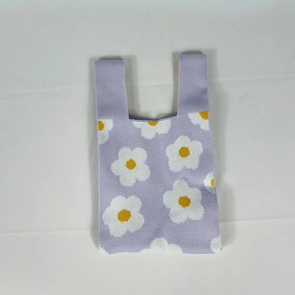 Casual Knitted Knot Wrist Bag Handmade Flower Embroidery Tote Bag Large Capacity Shopping Bags Women Girls