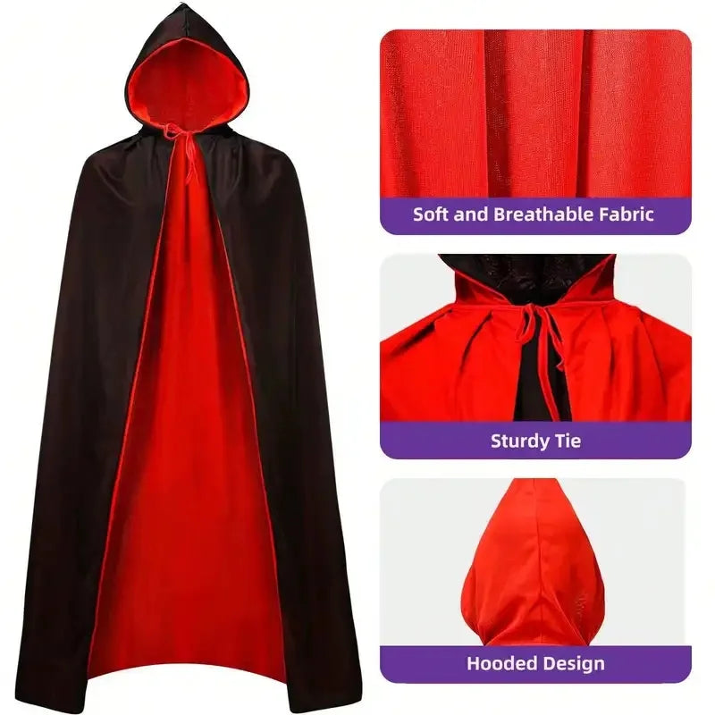 Halloween Themed Party Two Layer Two-Tone Hooded Stand-Up Collar Vampire Costume Robe Cloak, Unisex Adult Reversible Stand-Up C