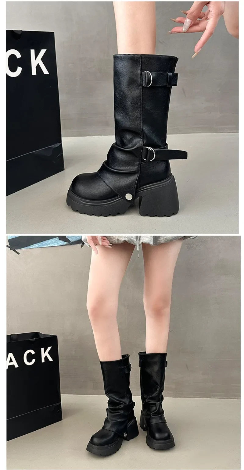 Shang Shi Black Thick High-heeled Thick Soled Boots for Women, 2026 New Winter Versatile Women's Zipper Slimming Pants Leg Boots