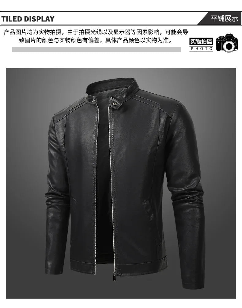 White and Red Patchwork Men's PU Jacket, Stylish Vintage Biker Faux Leather Coat, Available in Black or Brown.
