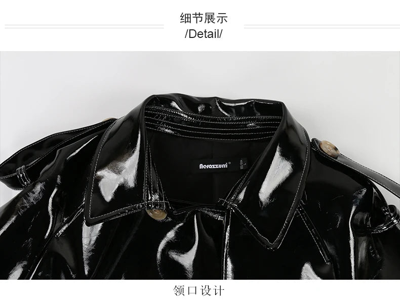 Nerazzurri Autumn Long Shiny Black Red Patent Pu Leather Trench Coat for Women Belt Double Breasted Luxury Designer Clothes 2023