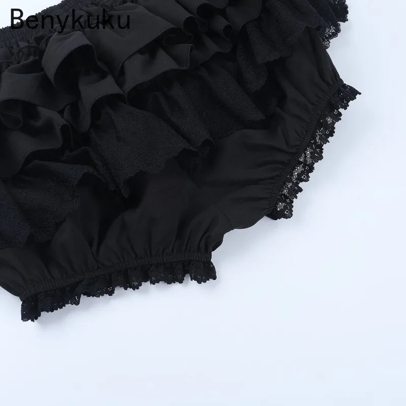 Gothic Punk Girls Kawaii High Waist Shorts Skirts Lolita Vintage Lace Ruffles Shorts Y2k E-girl Black Women Pumpkin Bloomers