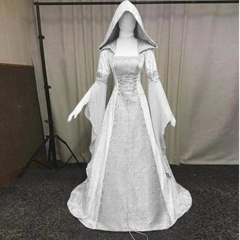 Women Deluxe Witch Dress Medieval Renaissance Maxi Train Dress Halloween Devil Pagan Witch Wedding Cos Costume Hooded Gown Robe