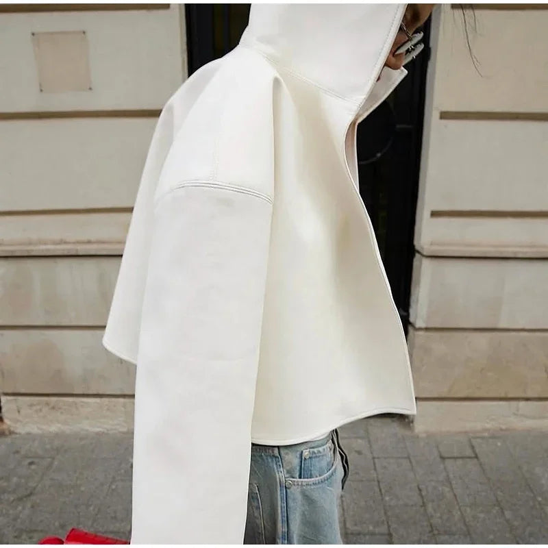 Street White Faux Leather Cropped Jacket Women Loose Stand Collar Wide Sleeve Coat 2026 Autumn Lady PU Motorcycle Daily Outwear