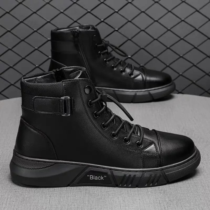 Vintage Men's Short Boots Autumn New Trendy Comfortable Height Increase Cotton Shoes Non Slip Lace Up Side Zipper Leather Boots