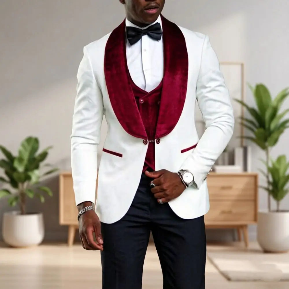 White Formal Suits for Men Slim Fit 3 Pieces Custom Made Wedding Tuxedo Mix Match Velvet Shawl Lapel Prom Movie Premiere Wear
