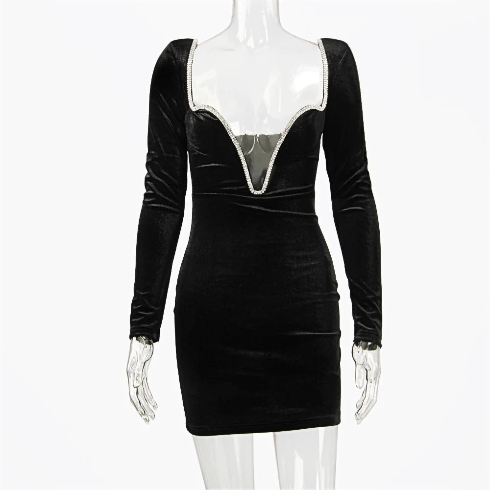 Mozision Long Sleeve Sexy Deep V Neck Wired Diamante Crystal Padded Should Bodycon Outfits Women Winter Velvet Party Dress