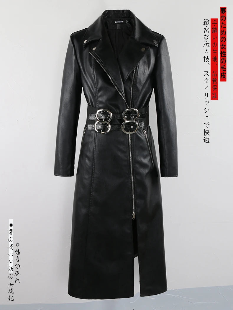 Nerazzurri Spring Autumn Long Black Stretchy Velvet Patchwork Pu Leather Coat Women with Double Belt Luxury Designer Clothes