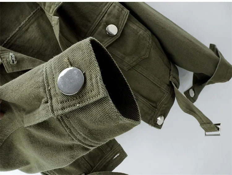Spring Vintage Army Green Black Khaki Denim Jacket Women Hem Belt Big Pocket Cowboy Outerwear Loose Short Jeans Jackets Female