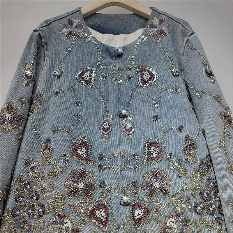 DEAT Women's Denim Coat Luxury Colorful Sequins O-neck Embroidery Single Breasted Jackets 2026 Autumn New Fashion 29A8728