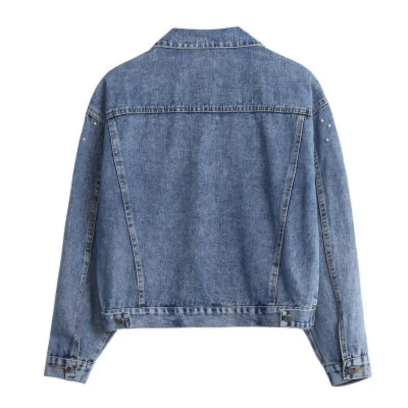 Women Denim Coat Single Breasted Turn Down Collar Distressed Dragonfly Beaded Jackets Vintage Washed Outerwear Streetwear