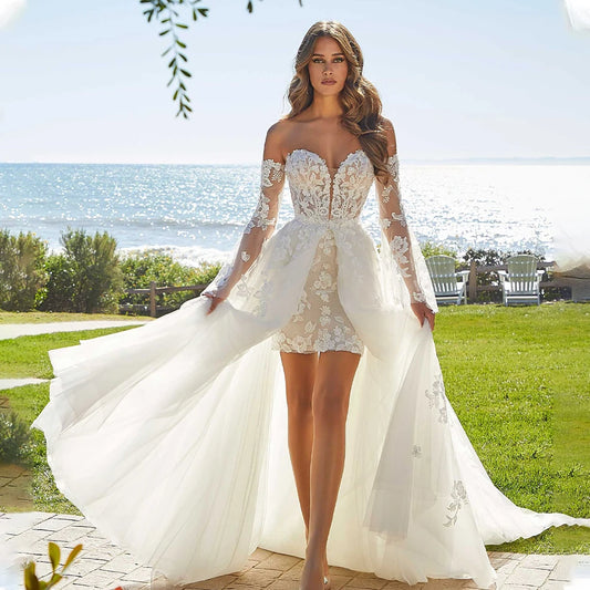 Popular Sweetheart Full Lace Short Shearth Wedding Dresses With Detachablt Train 2 In 1 Bridal Grown 2024 Rode De Morrie