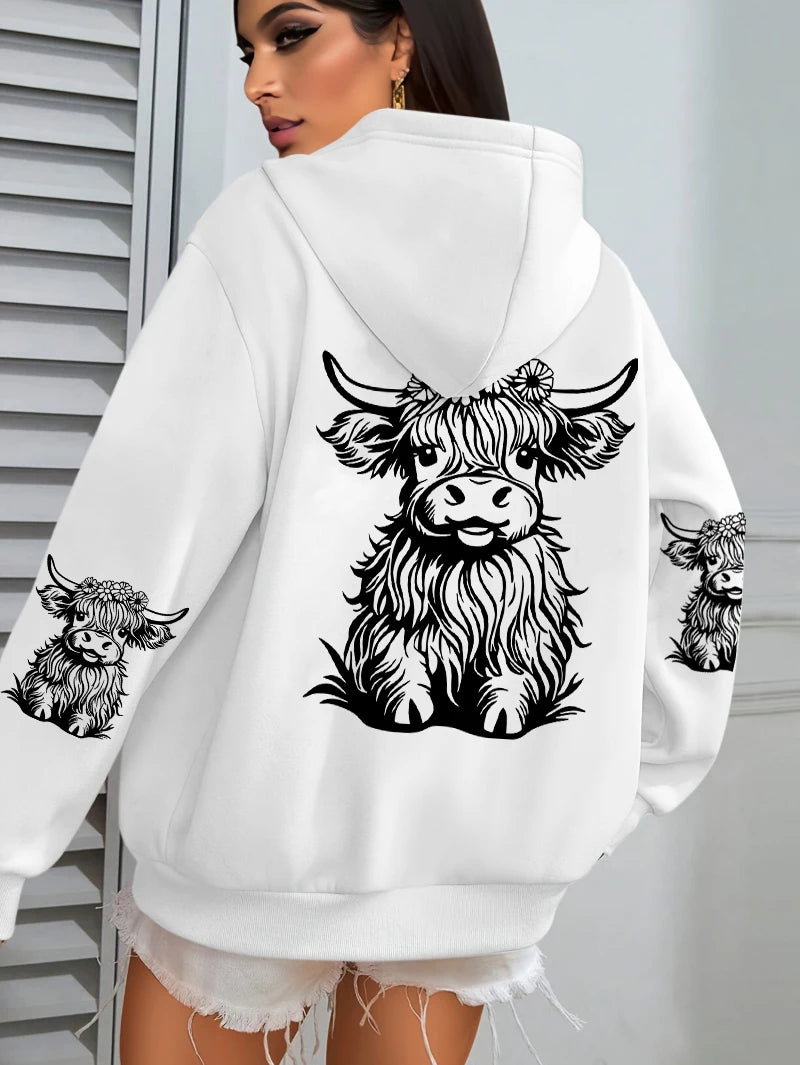 Cute Hair Cow Cartoon Printing Hoodies Womens Fleece Autumn Streetwear Comfortable Casual Hoodie Y2K Pocket All-Match Hoody