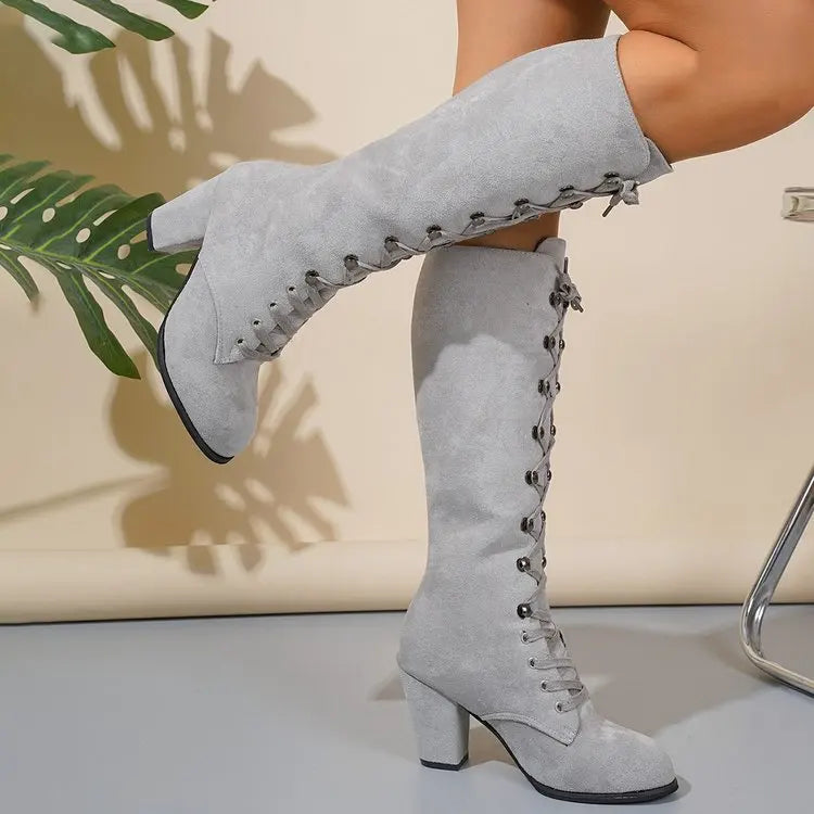 Winter Women Boots Shoes Fashion Vintage Lace-up Boots Women Round Cowboy High Heels Booties Shoes Woman Botas Mujer