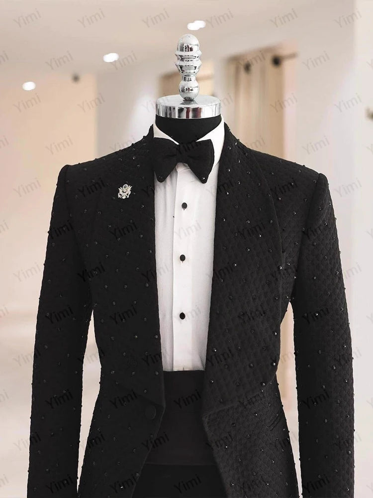 Luxury 2 Pieces Men Suits Shawl Lapel Single Breasted Tuxedo Wedding Outfit Blazer Crystal Prom Suit Jacket+Pants Customized