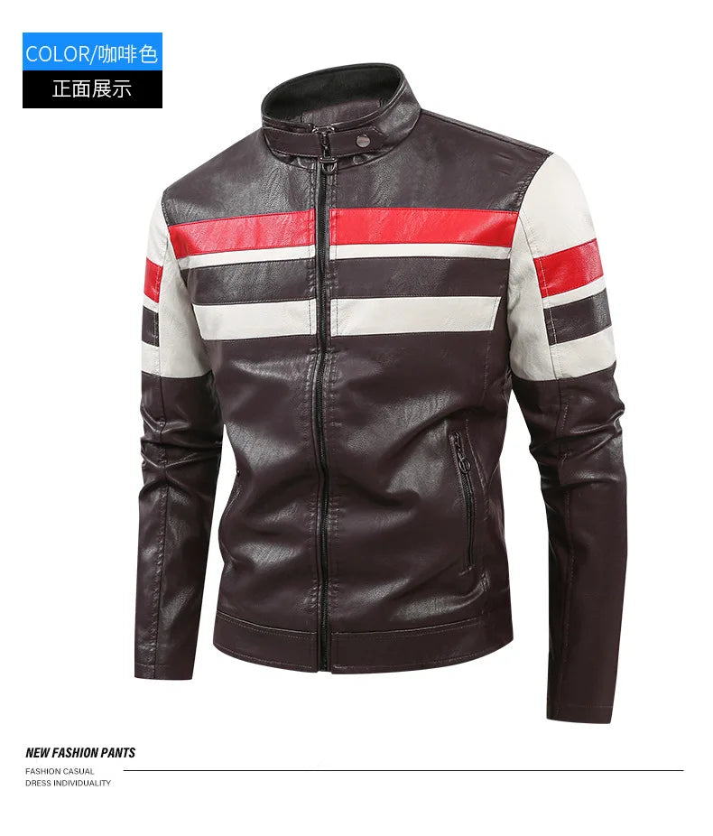 White and Red Patchwork Men's PU Jacket, Stylish Vintage Biker Faux Leather Coat, Available in Black or Brown.