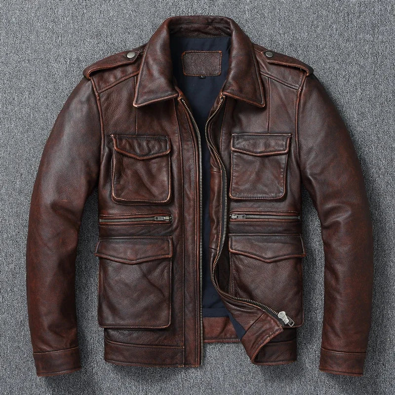 Vintage Red Brown Genuine Leather Jacket Men Soft Real Cowhide Black Winter Coat Biker Jackets Jaqueta Masculina De Couro