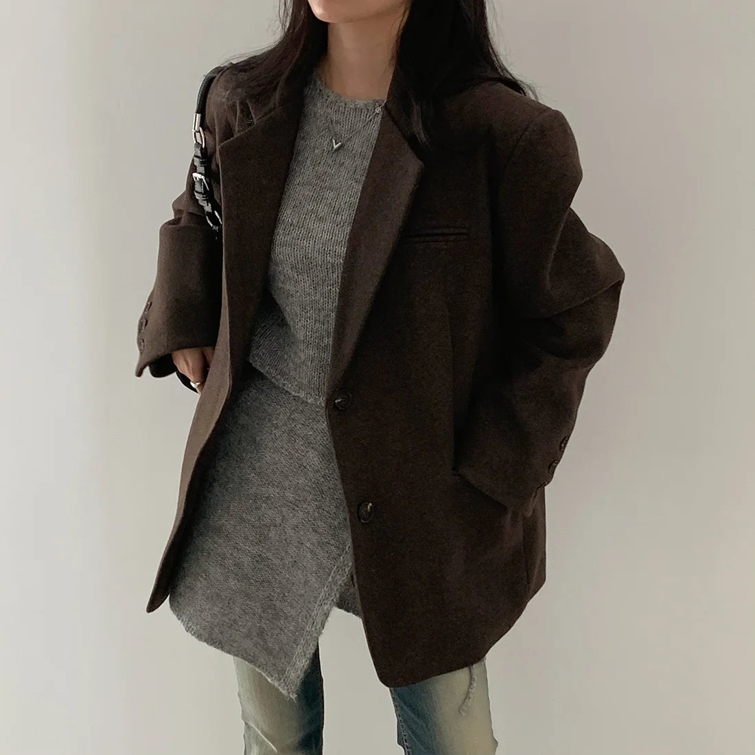 Chic Autumn Winter Thiened Long Sve Pure Color Woolen Suit Jaet Women Casual Versatile Loose Fit Commute Sle Coat