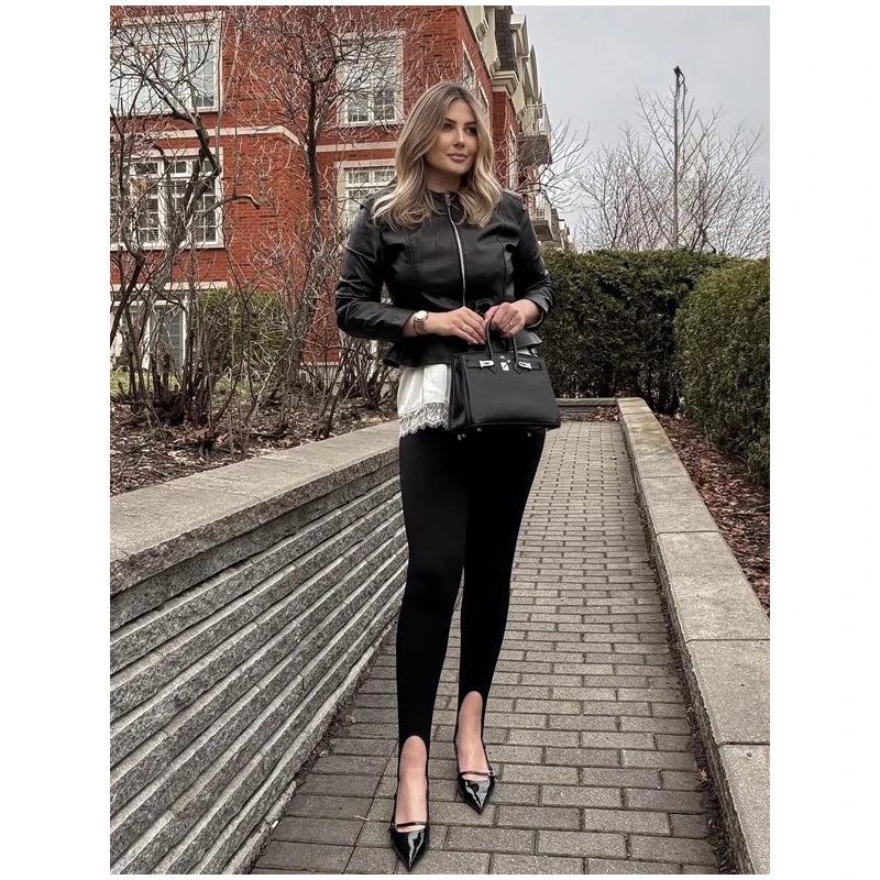 Women's Faux Leather Jacket Black Zip Front Drawstring Peplum Hem Slim Elegant Outerwear Fashion Daily Street Casual Short Coat