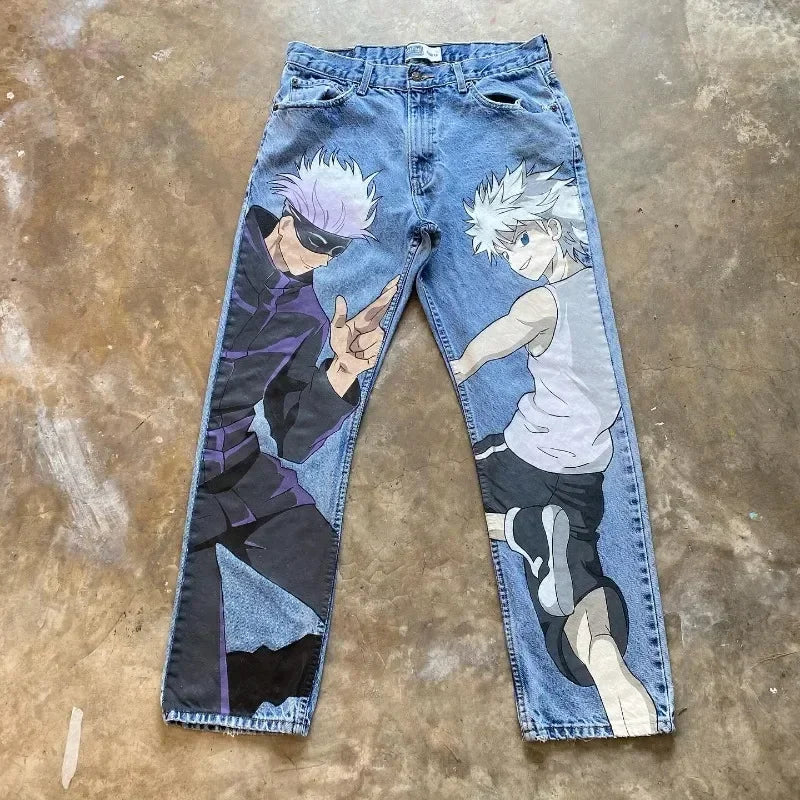 New Y2K Japanese Anime Cartoon Printing Men Loose Trend Jeans Street High Waist Women Pants Hip Hop Harajuku Men's Clothing