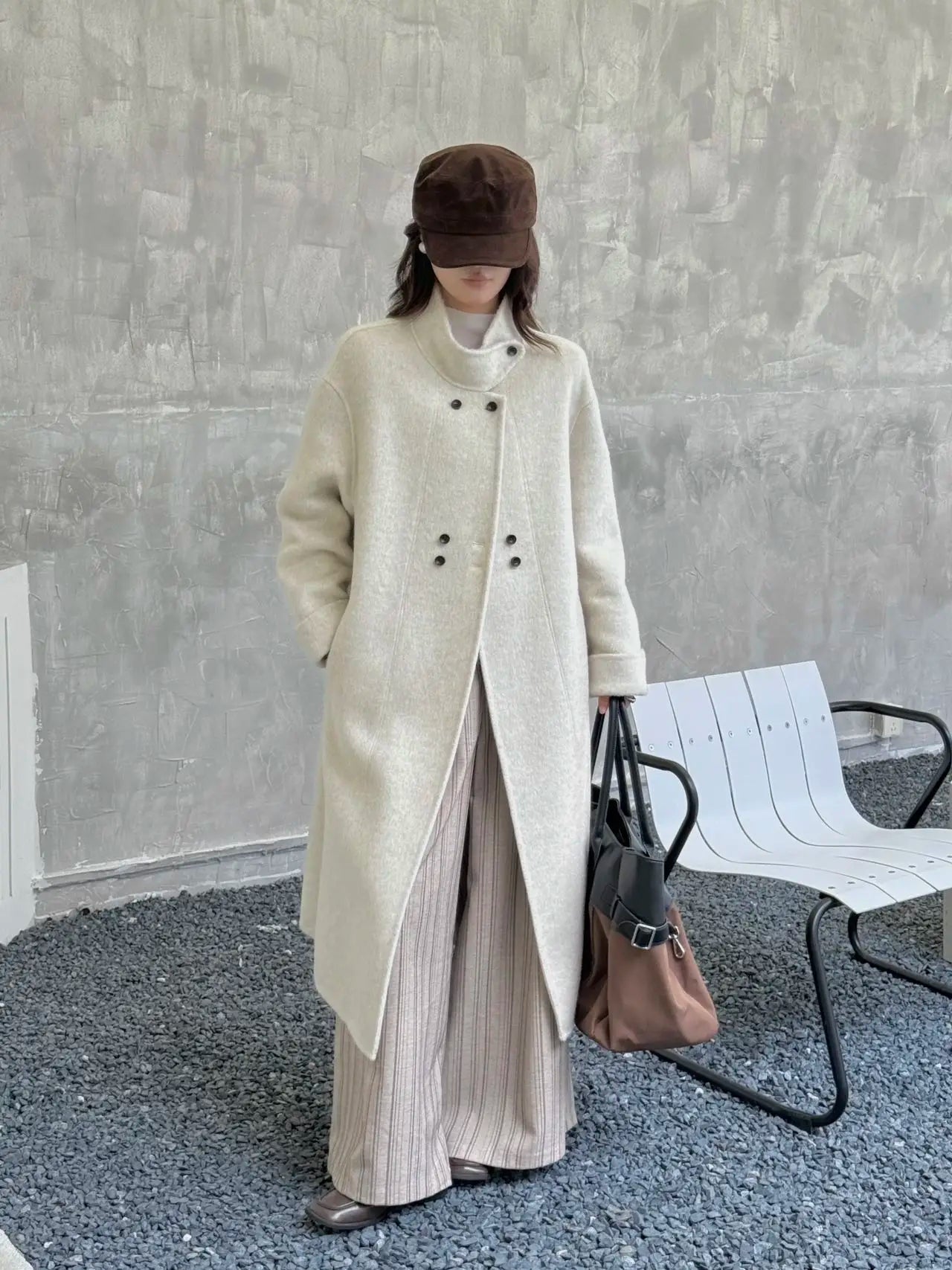 Ladies' 100% wool coat, high-end slimming stand up collar, double breasted loose long woolen coat, autumn and winter bestseller