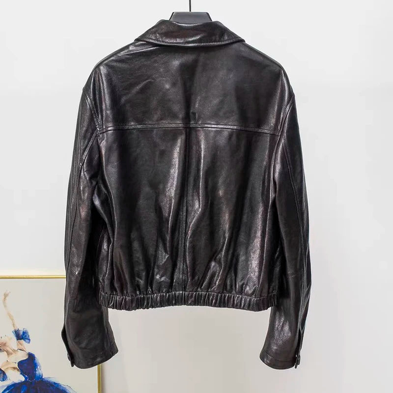 Advanced Oil Wax Leather Jacket for Women Autumn Winter Female 100% Lambskin Square Neck Elastic Waist  Loose Coat Vestes Femmes