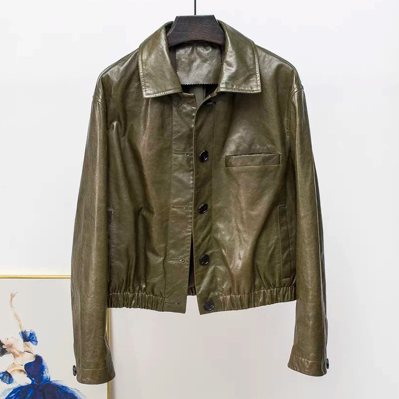 Advanced Oil Wax Leather Jacket for Women Autumn Winter Female 100% Lambskin Square Neck Elastic Waist  Loose Coat Vestes Femmes