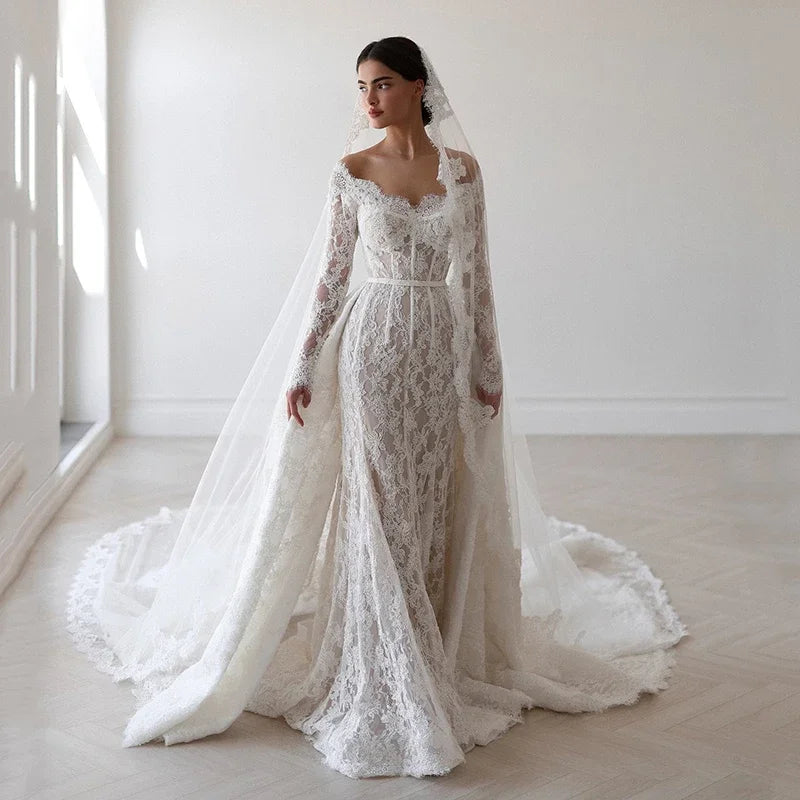 Customized Elegant Mermaid Wedding Dresses Off The Shoulder Long Sleeve Lace Bridal Dress Formal Wedding Ball Prom Gown