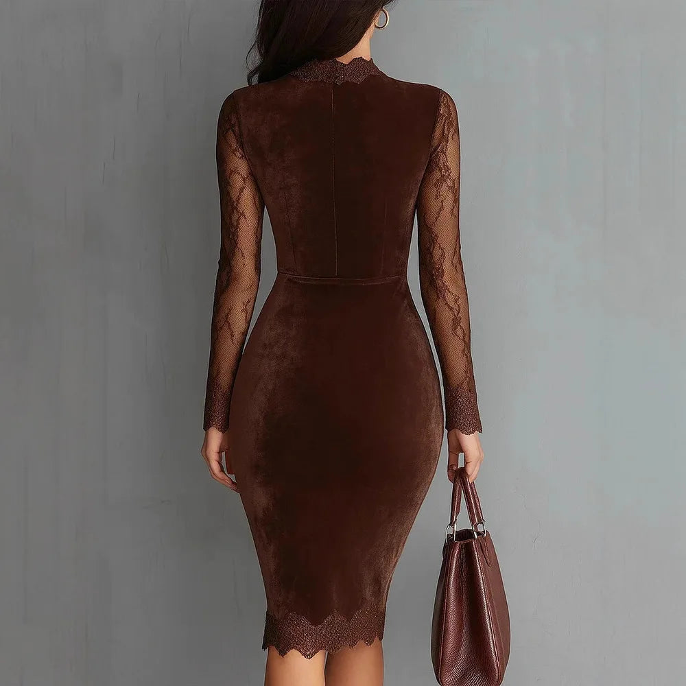 Women Velvet Midi Dress Elegant Lace Long Sleeve Hollow Out Bodycon Dress Autumn Winter New Party Evening Formal Pencil Dresses