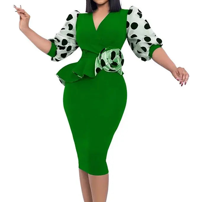 Elegant Dot Mesh Stitching V-neck Puff Sleeve Floral Appliques Bodycon Dress Women Ruffles Waist OL Even Party Dresses Vestidos