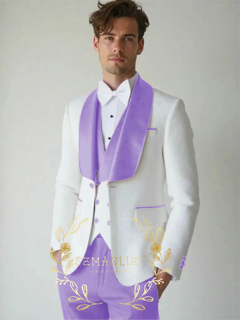 White Floral Wedding Men's 3-piece Suit Set (Jacket Pants Vest) Groom Tuxedo Formal Blazer Elegant Groomsmen Suit for Men