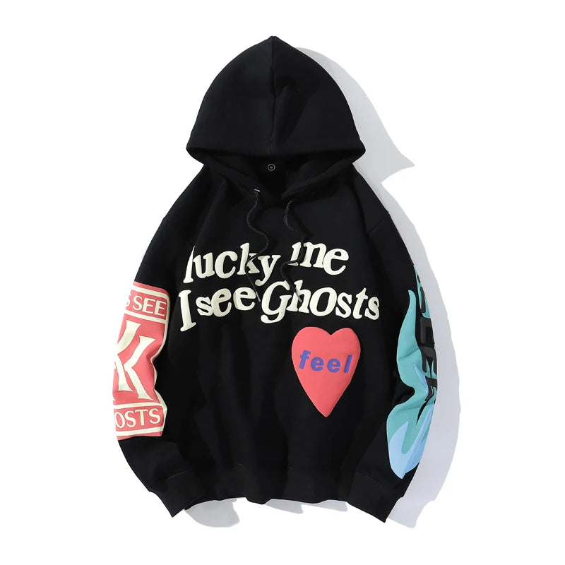 Harajuku Weirdo Graffiti Letter Printed Hoodies Men 2025 Lucky Me I See Ghosts Mens Hooded Sweatshirt Fleece Pullover Streetwear