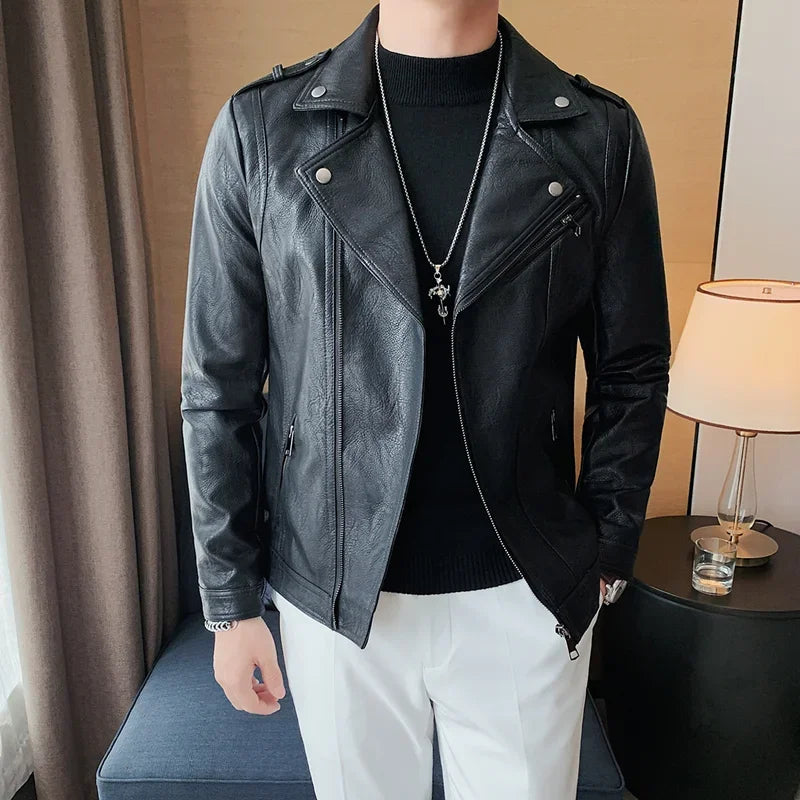 Men High Quality Faux Leather Jacket Vintage Oblique Zipper  Slim Fit Motorcycle Outwear Male Autumn Winter PU Leather Coats